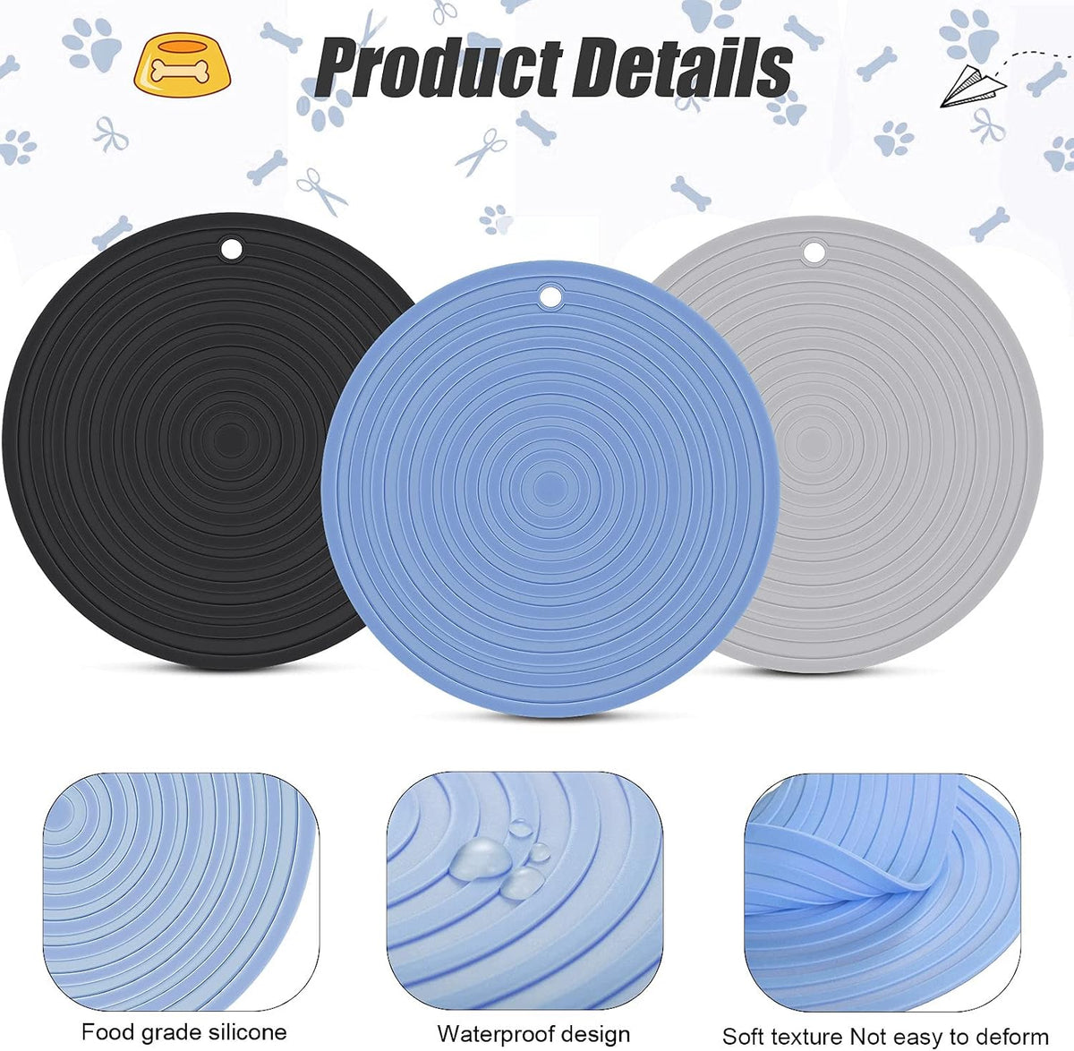 3 Pieces Silicone Pet Food Mat Feeding Mat for Dog and Cat Bowl - Blue, Gray, Black / 7.1 Inch - image 3
