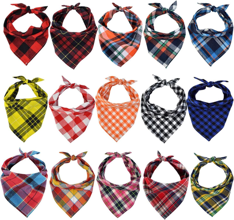 15pcs Dog Bandanas, Dog Scarf Kerchief Bibs Washable Girl Boy Dogs Bandanas Set Cotton Checkered