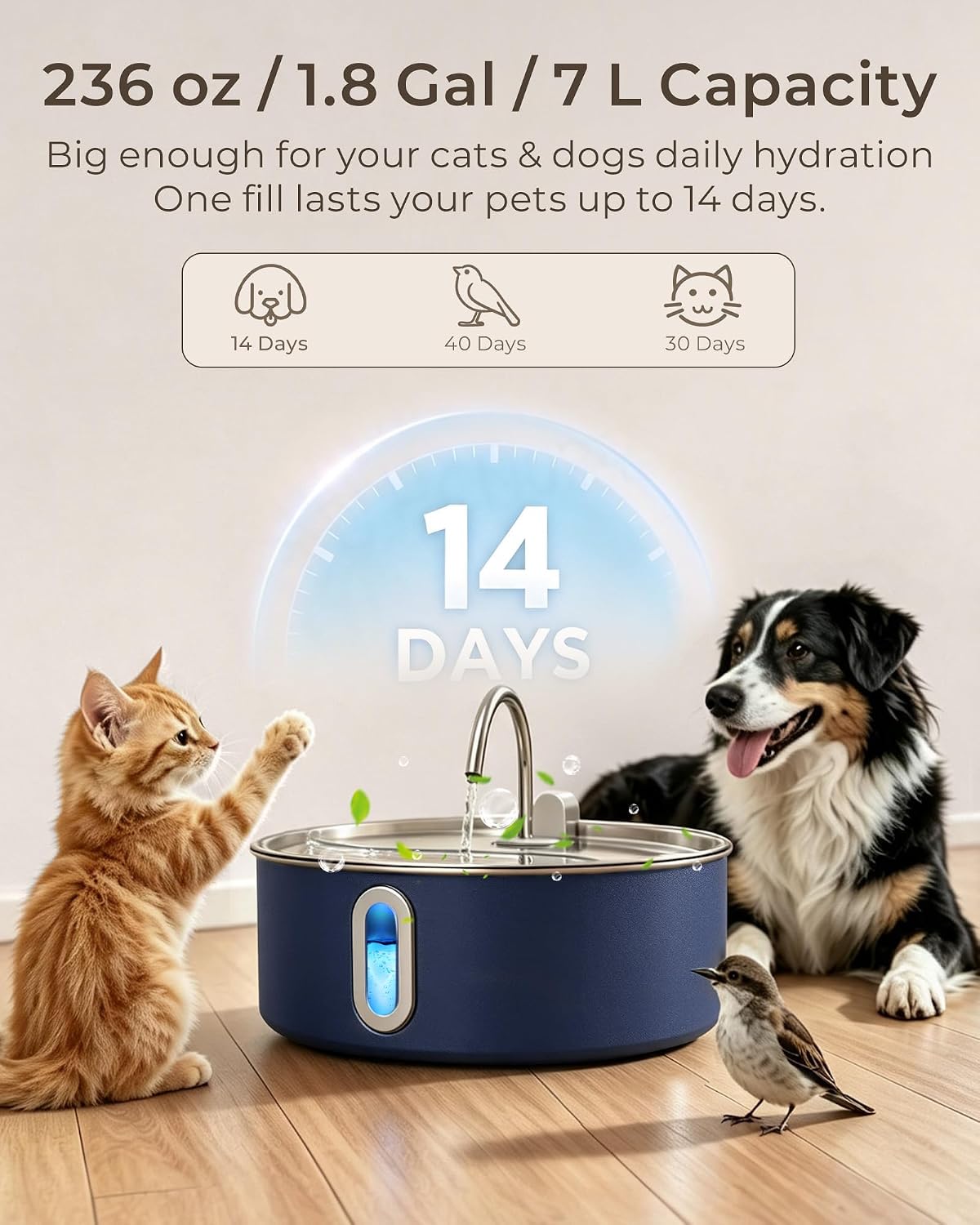 7L/236oz Stainless Steel Dog Water Fountain for Large Dogs & Cats – Essentials for Dogs - Navy Blue / Water Fountain + 1 Filter + 1 Sponge - image 2