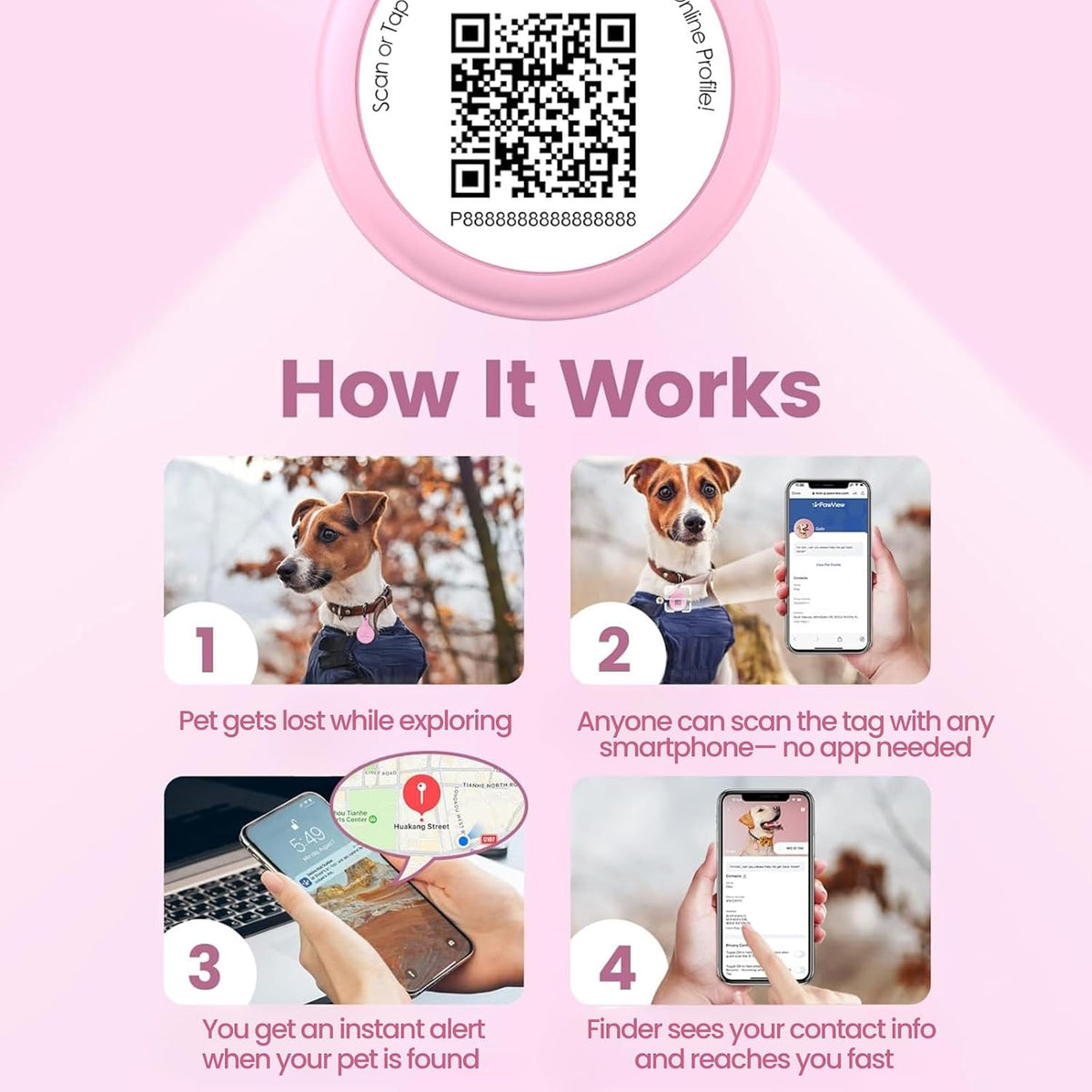 QR & NFC Pet ID Tag, Silent Silicone Dog Name Tag - Pink - image 4