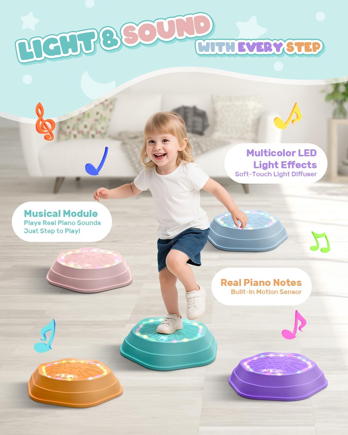 Holyton Light-Up Musical Stepping Stones for Kids - Pink - image 2