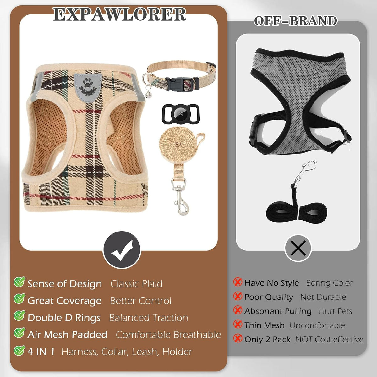 EXPAWLORER Plaid Small Dog Harness and Leash Set with AirTag Holder - Khaki / Small - image 4