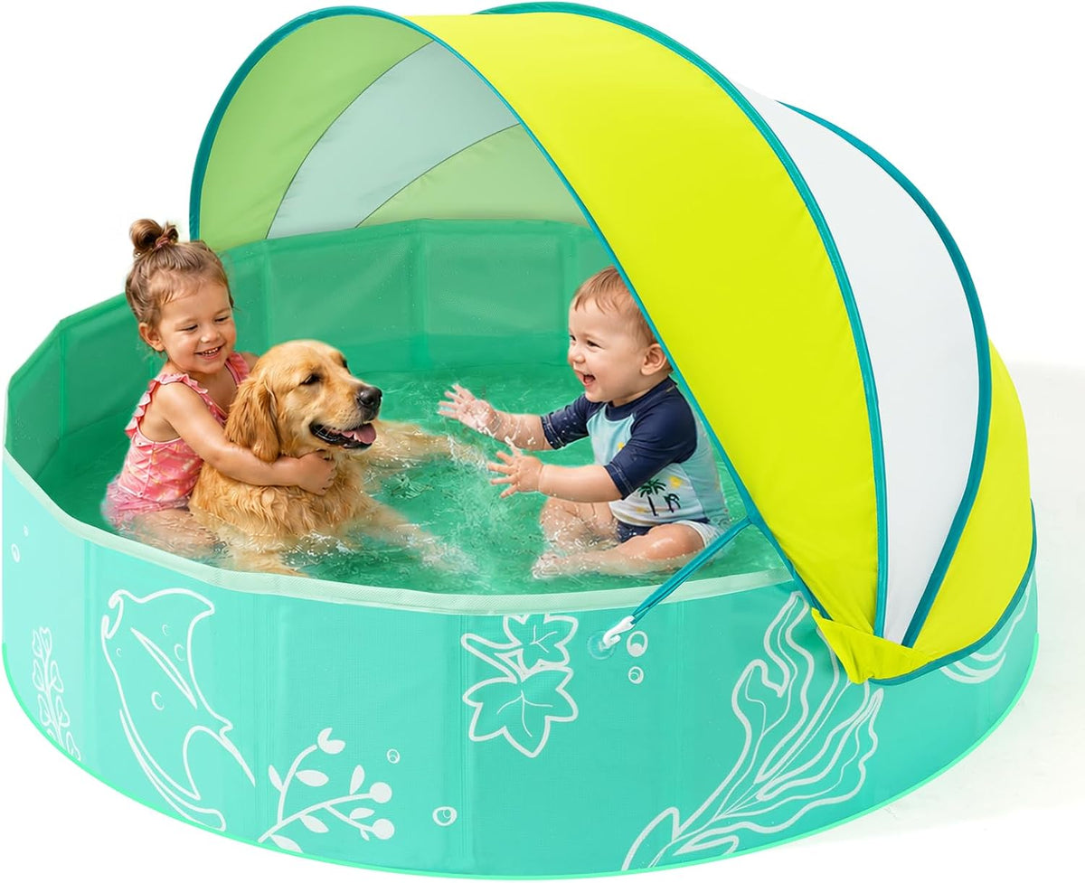 Hikiddy Foldable Kiddie Pool with Canopy: Baby Infant Toddler Kids - Mint-lemon / 47in