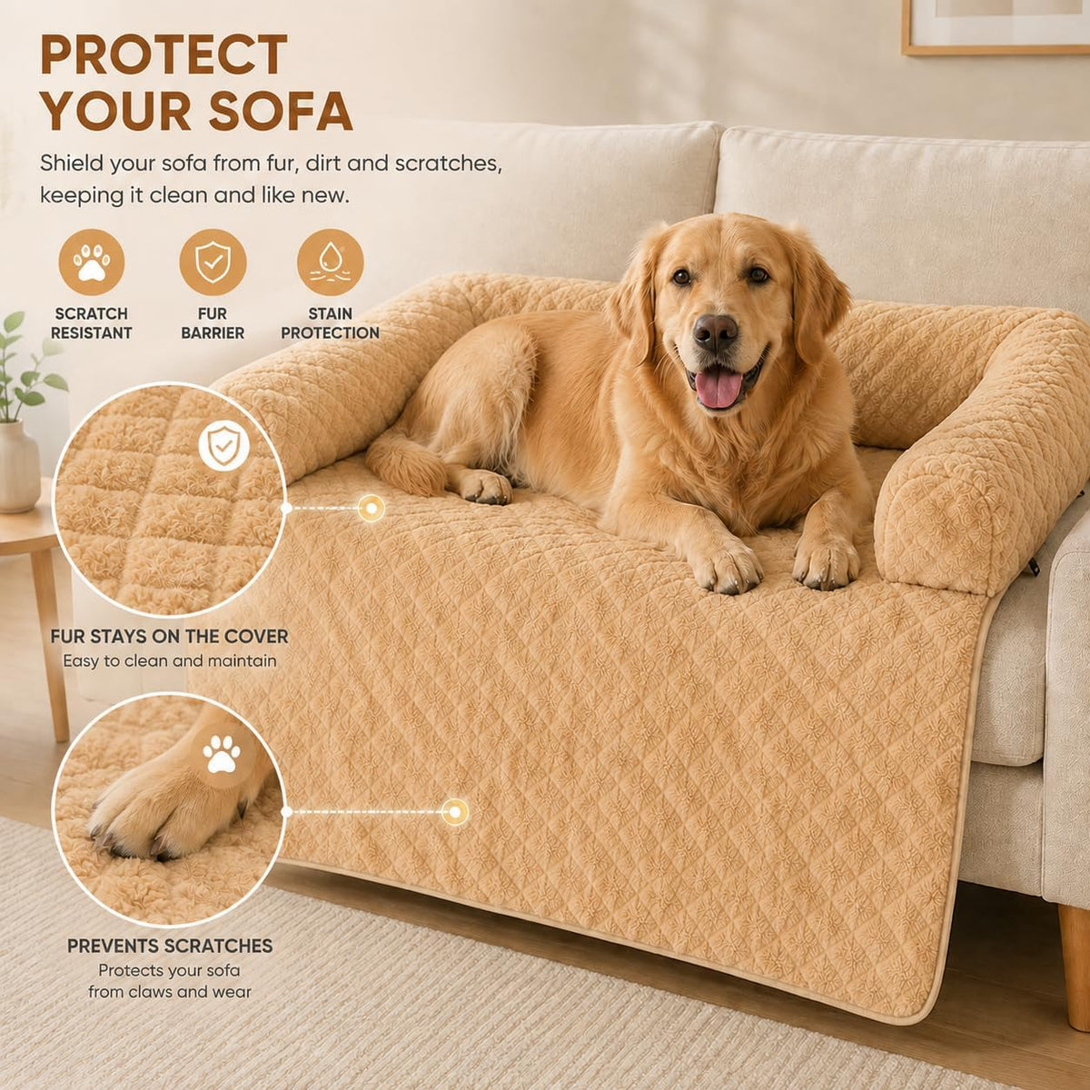 PAWBOSE Dog Couch Bed, Plush Sofa Mat, Washable Cover - khaki - image 3