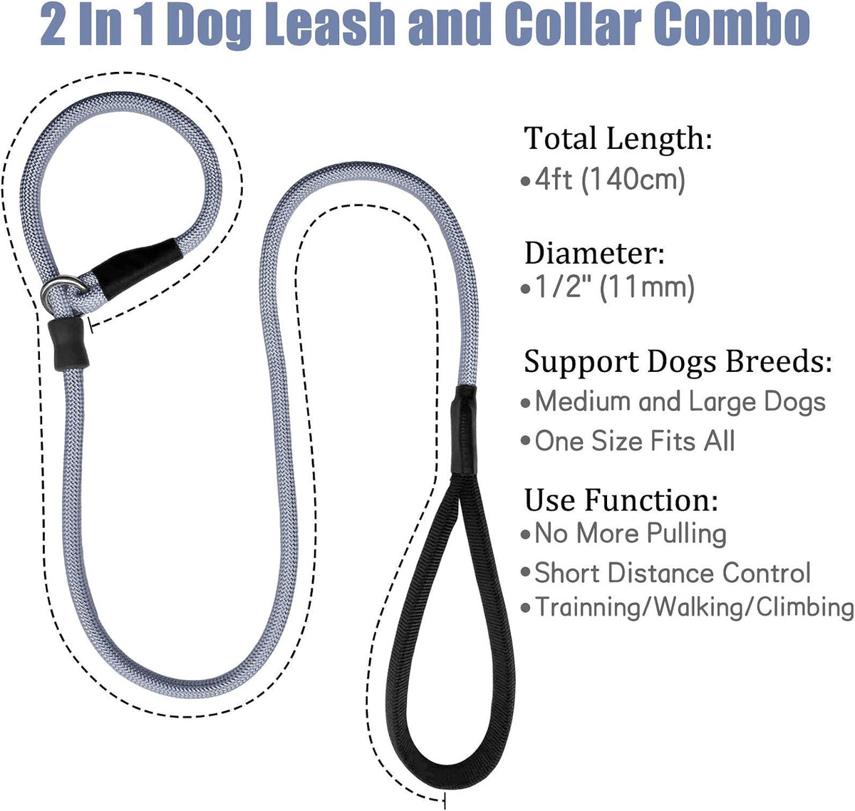 Strong Slip Rope Dog Training Leash - 1/2" x 4ft / Grey - image 4