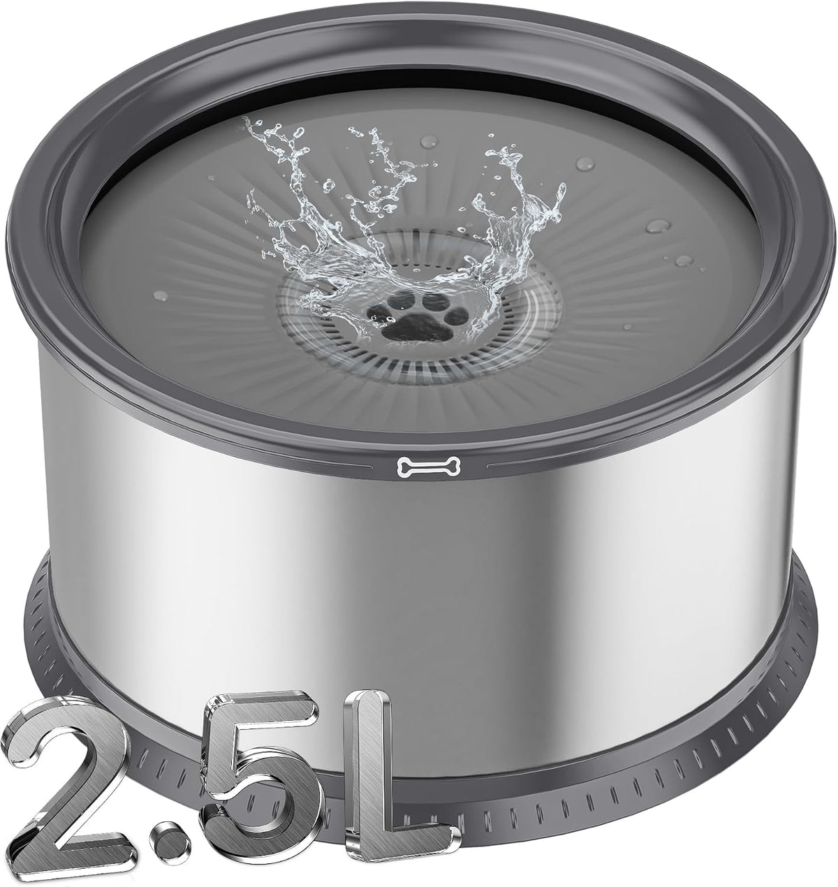 6.5L Stainless Steel Dog Water Bowl - Grey / 2.5L