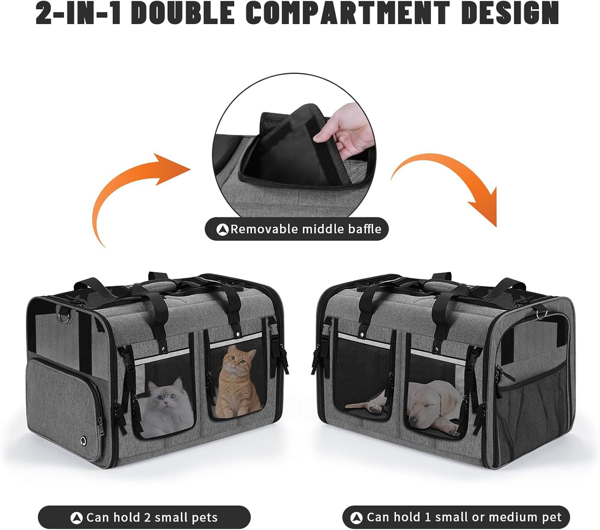 Cat Carrier for 2 Cats,Double Cat and Dual Dog Carrier Cabin for Two Pets – Essentials for Cats - Gray+ with Big Pocket - image 3