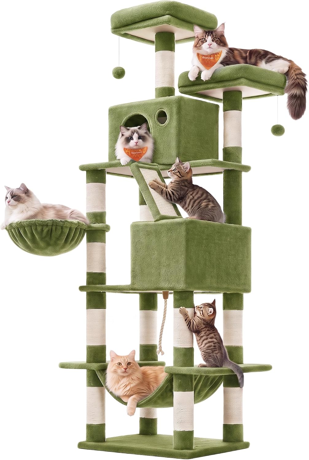 Feandrea Cat Tree, Multi-Level Condo - Green / XXL (23.6"L x 19.7"W x 81.1"H)