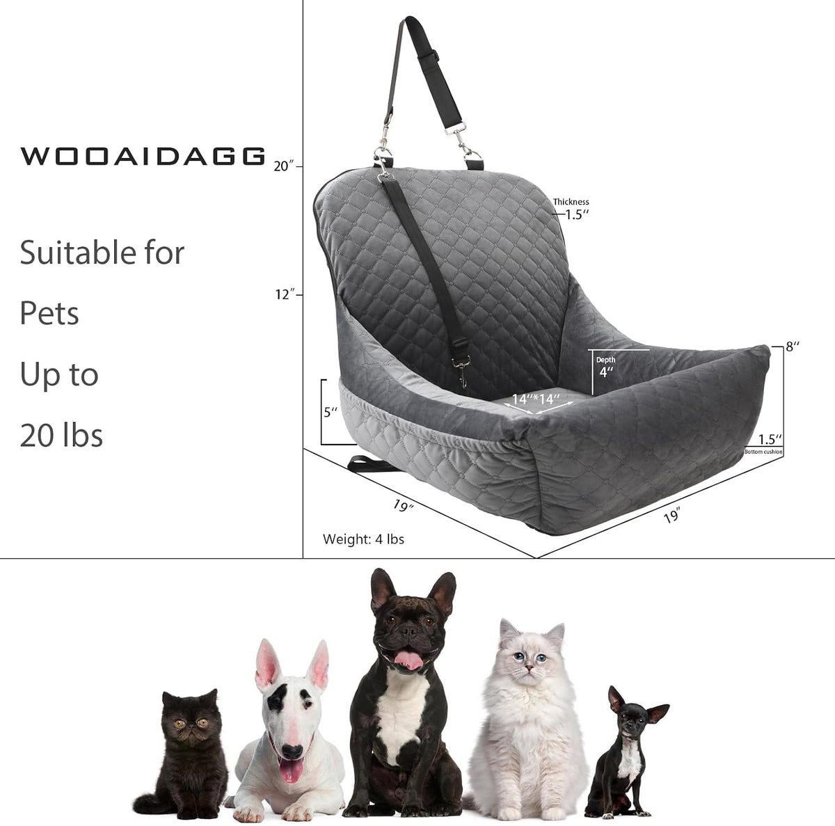 WOOAIDAGG Dog Car Seat for Small Dogs, Ultra-Soft Fabric - Grey