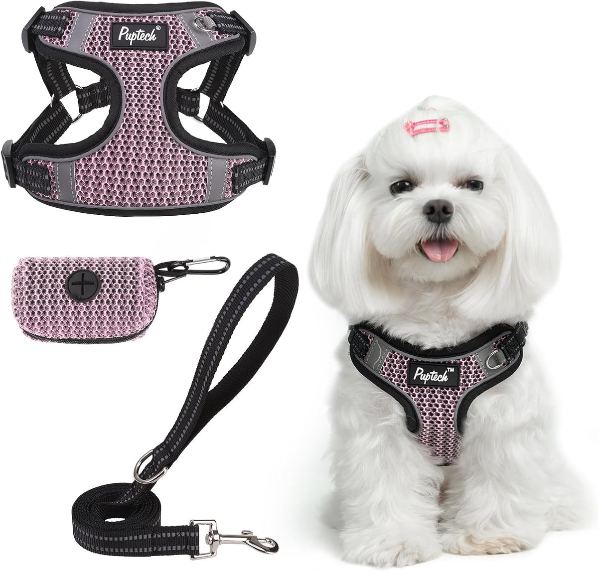 PUPTECK Dog Harness and Leash Set Small Sized - S (13-17lbs, Chest 15"-18") / #1 LightPink(Breathable Mesh)