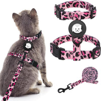 BINGPET Cat Harness with Airtag Holder - Pink Leopard (Buckles on Neck & Chest)