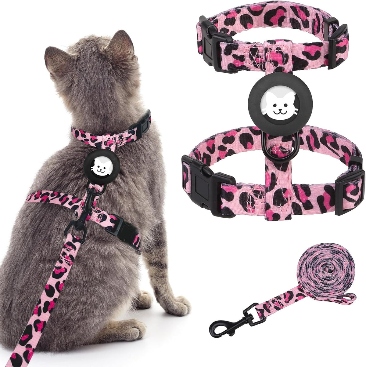 BINGPET Cat Harness with Airtag Holder - Pink Leopard (Buckles on Neck & Chest)