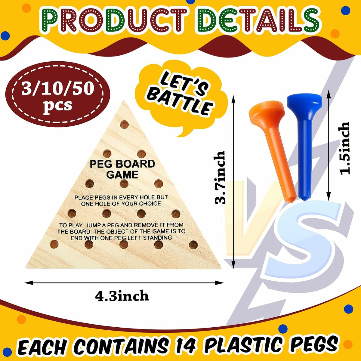 Zhanmai 3 Sets Wooden Triangle Peg Travel Game - Blue & Orange Peg / 50 - image 2