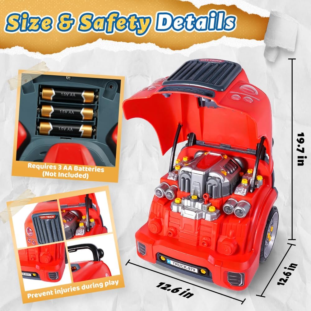 Interactive Truck Engine Toy with Removable Parts, Lights - Red - image 2