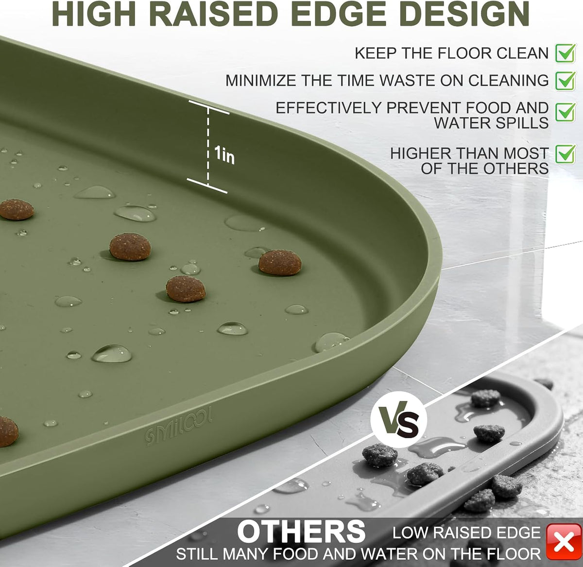 SMILOOL Waterproof Silicone Pet Food Mat with Raised Edge for Dog - Light Olive Green / 36"L x 24"W - image 4