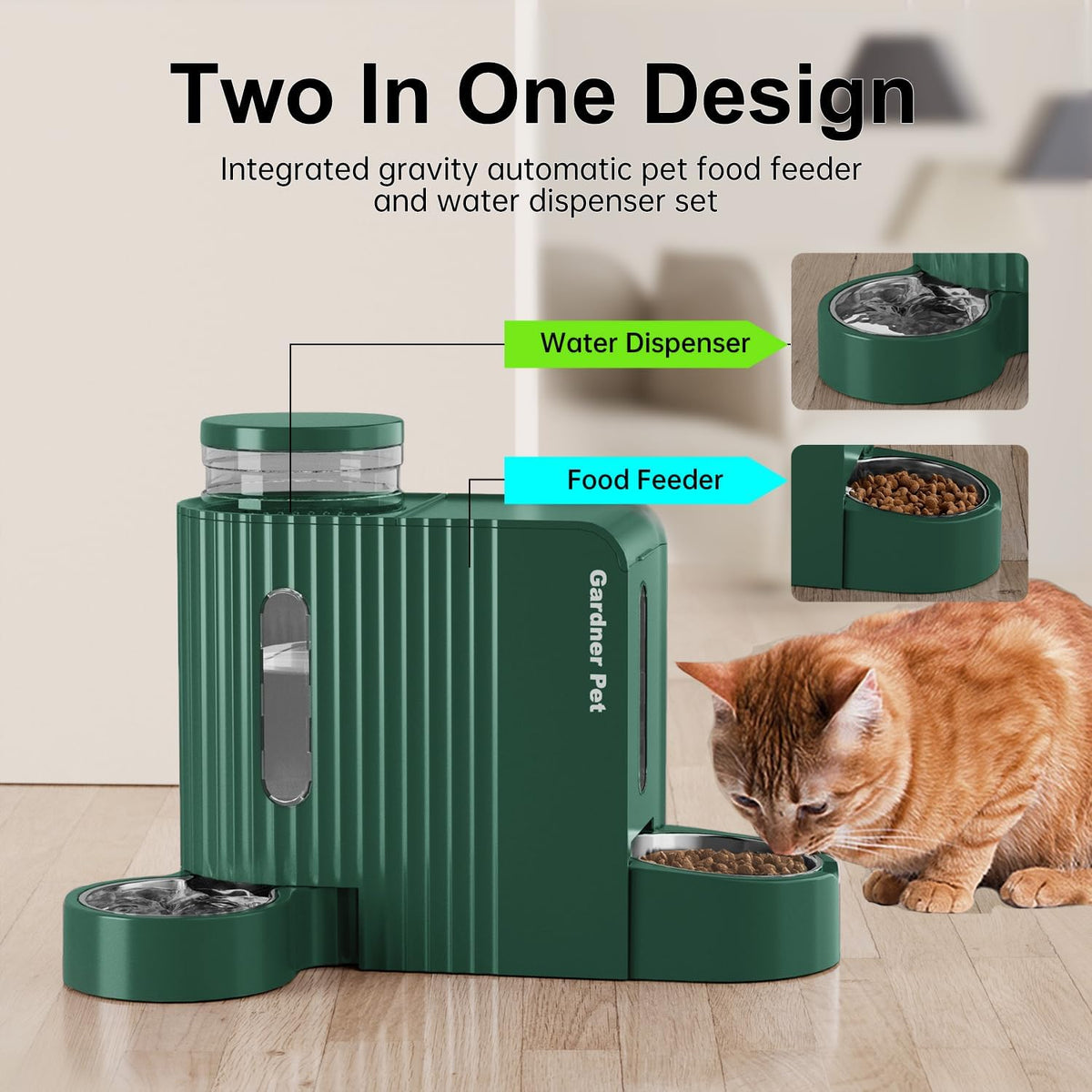 Gravity Automatic Cat Feeder, Water & Food Dispenser Set - Large (0.8 Gallon x 2) / Green - image 2