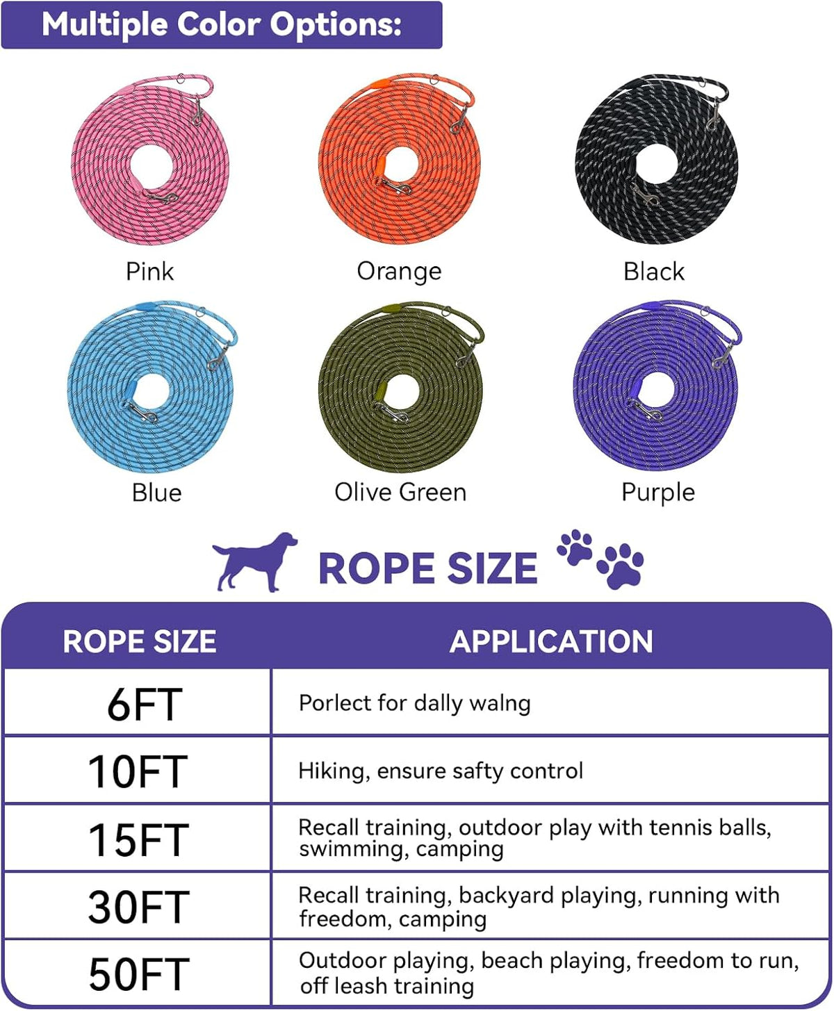 Long Dog Training Leash，Heavy Duty Reflective Rope Lead for Small - Purple / 10FT - image 2
