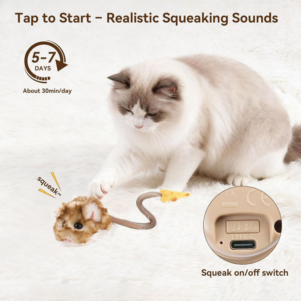 Migipaws Interactive MigiMouse Cat Toy 360° Rolling & Spin with Mesh - Long-Brown - image 3
