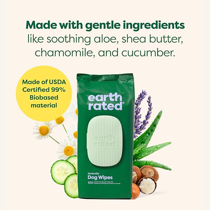 Earth Rated Dog Wipes, Hypoallergenic, Cleaning and Hydrating, for Grooming Paws, Body and Butt, Lavender Scented, 100 Count