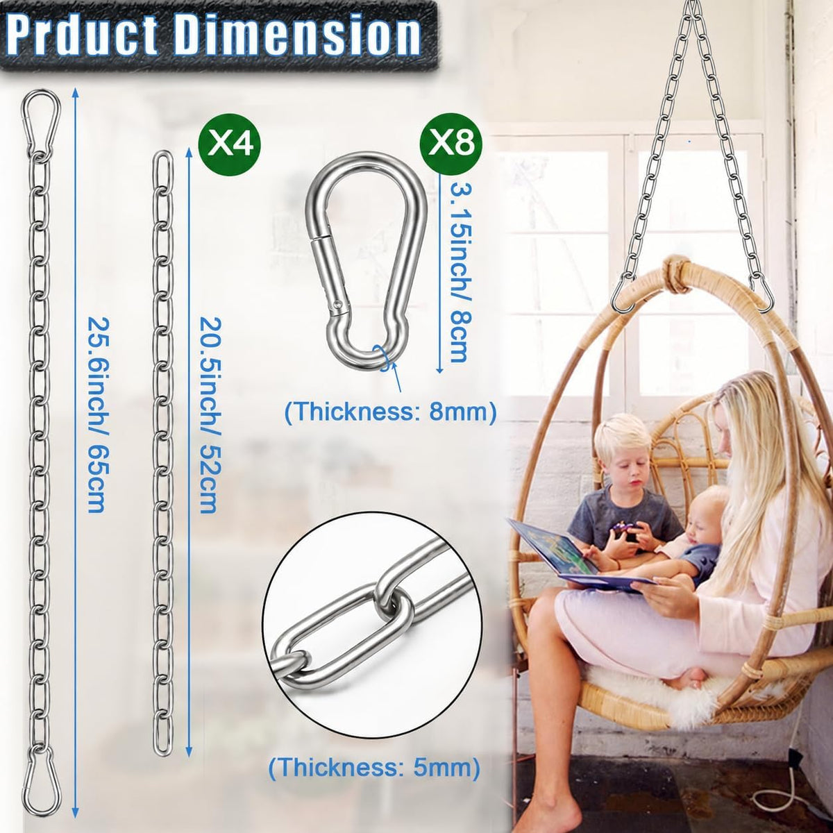 2 Pack Hanging Swing Chain with 4 Carabiners 25in, Swing Chairs - Silver / 25in×4pcs - image 2