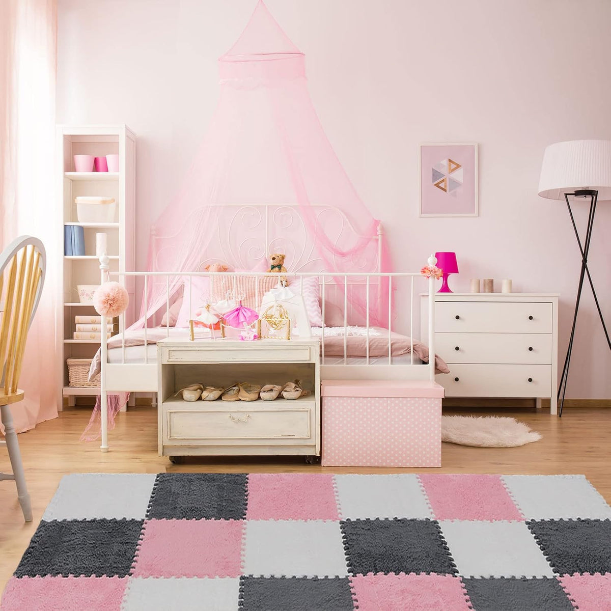 Amylove 18 Pcs Plush Foam Interlocking Carpet Tiles, Beige, Pink - White, Pink, Gray - image 4
