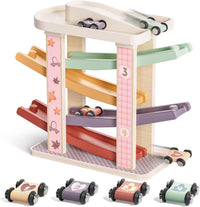 TOP BRIGHT wooden toddler car ramp race track with rooftop parking lot and 4 colorful cars - view 2