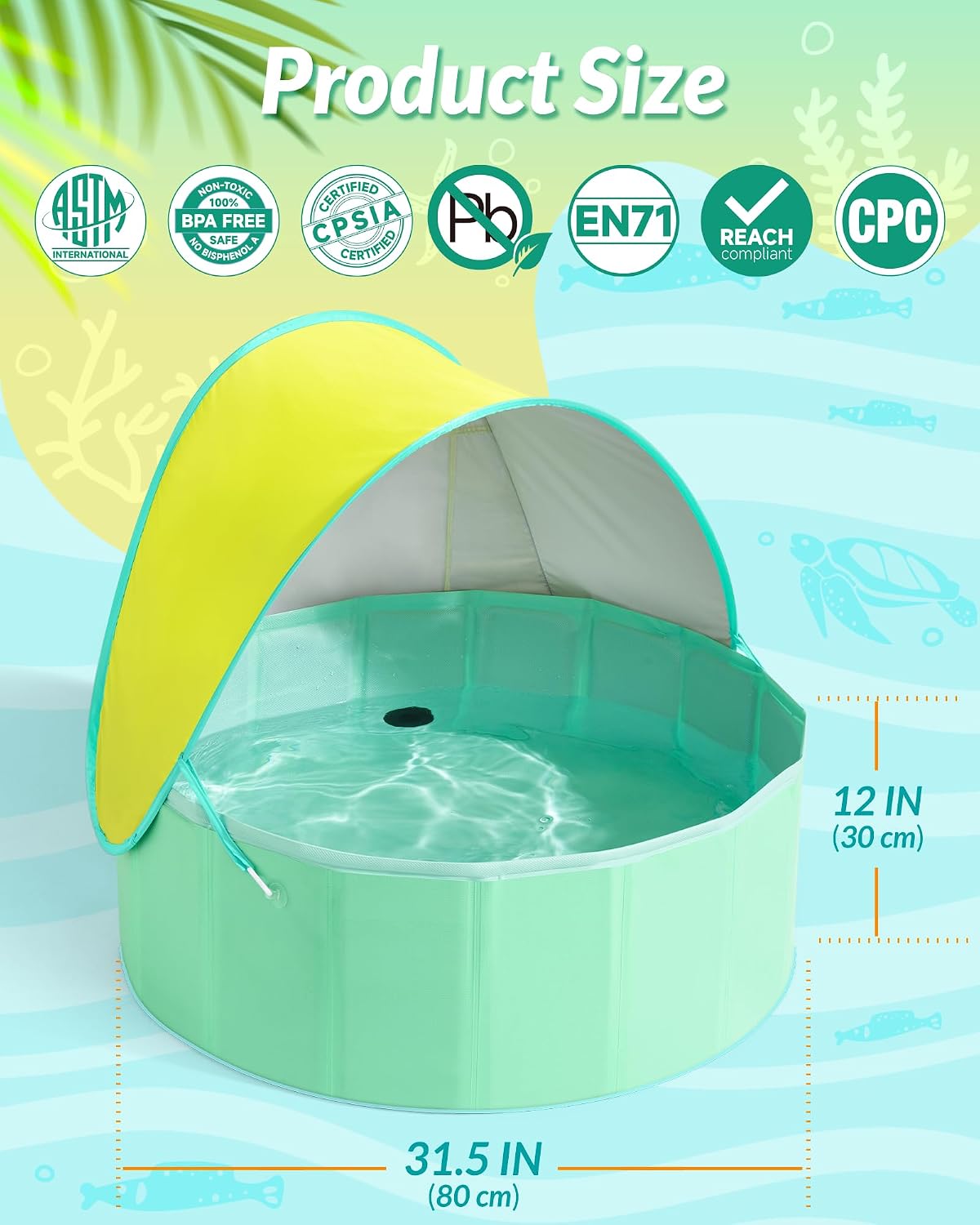 Hikiddy Foldable Kiddie Pool with Canopy: Baby Infant Toddler Kids - Lemon & Mint / 31.5in - image 3
