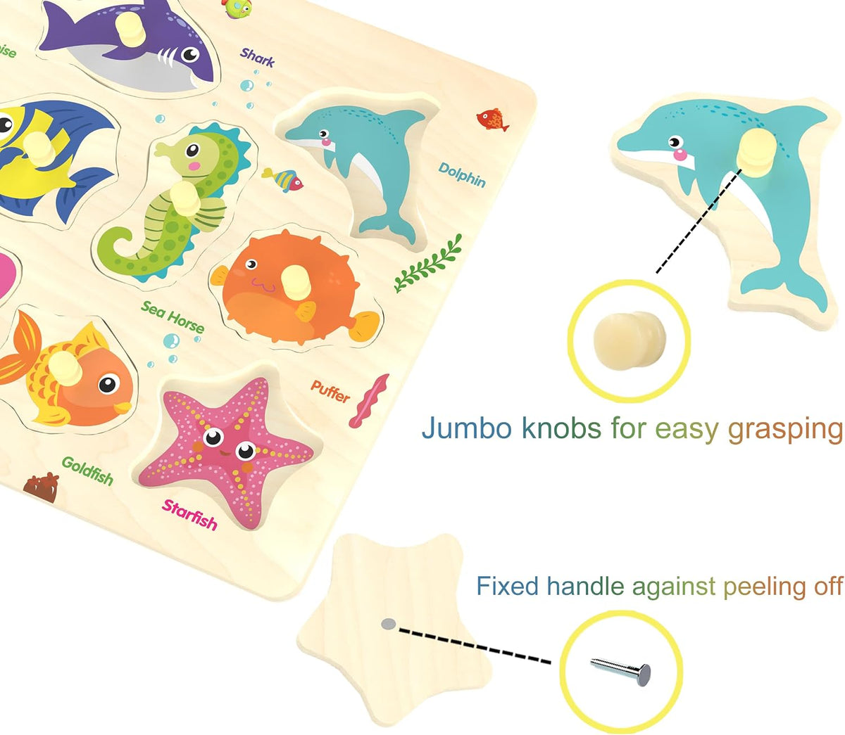 Wooden Peg Puzzle, Sea Creature Chunky Kids Puzzles - image 3