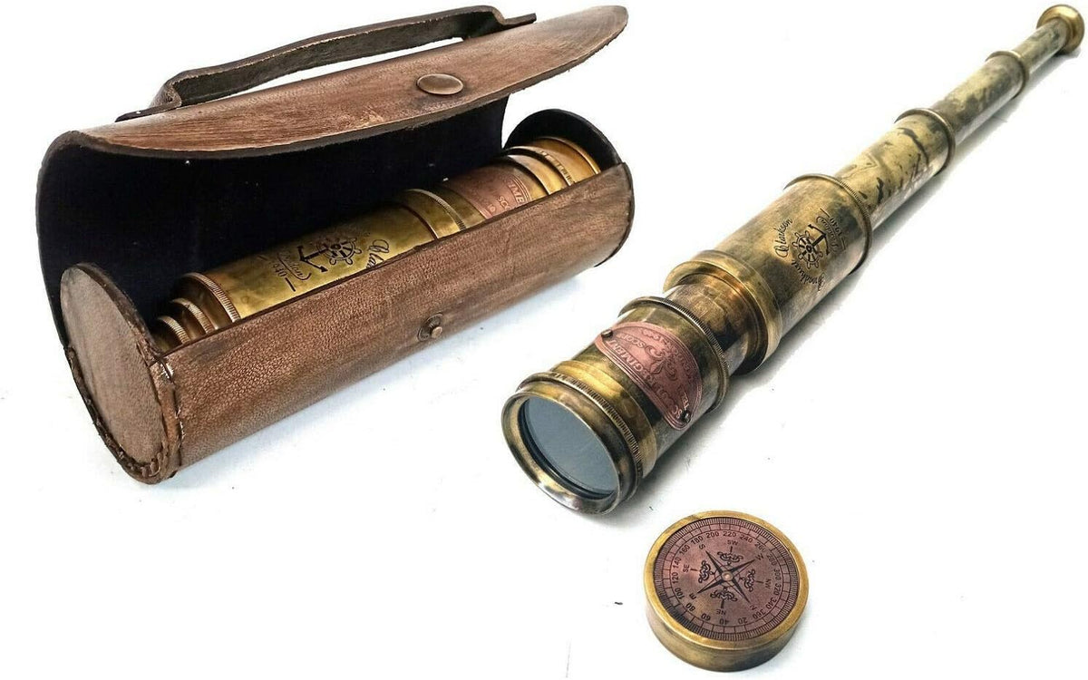 ALADEAN 19 inch brass Scout Regiment spyglass telescope with hand-stitched leather case