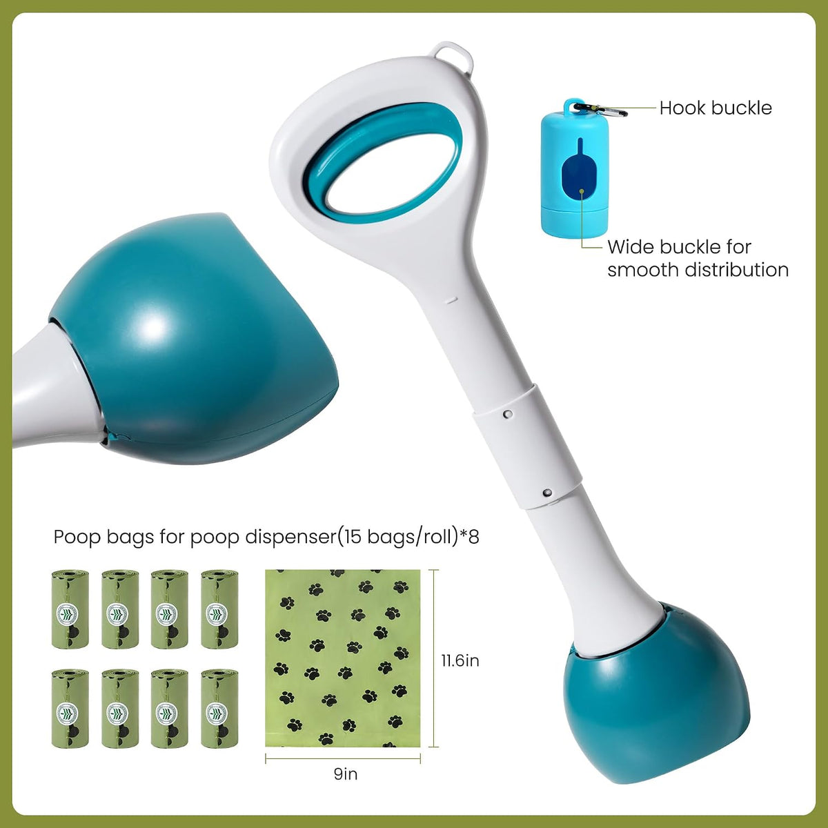 Dog Pooper Scooper Portable with Bag Attachment - Green + 120 garbage bags + dispenser - image 2