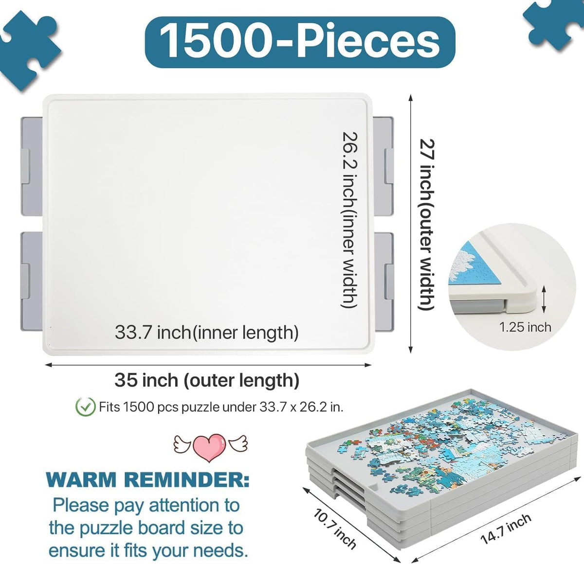 Playboda 1500 Pieces Rotating Plastic Puzzle Board with Drawers - Gray Drawers - image 2