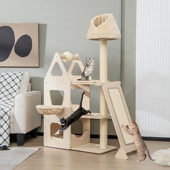 Tangkula Modern Wood Cat Tree for Indoor Cats, 64 Inch Multi-Level Tall Cat Tree with Scratching Rotatable Ball & Posts, Sisal Ramp, Hanging Basket, Large Cat Tower with Plush Perch, Washable Mats