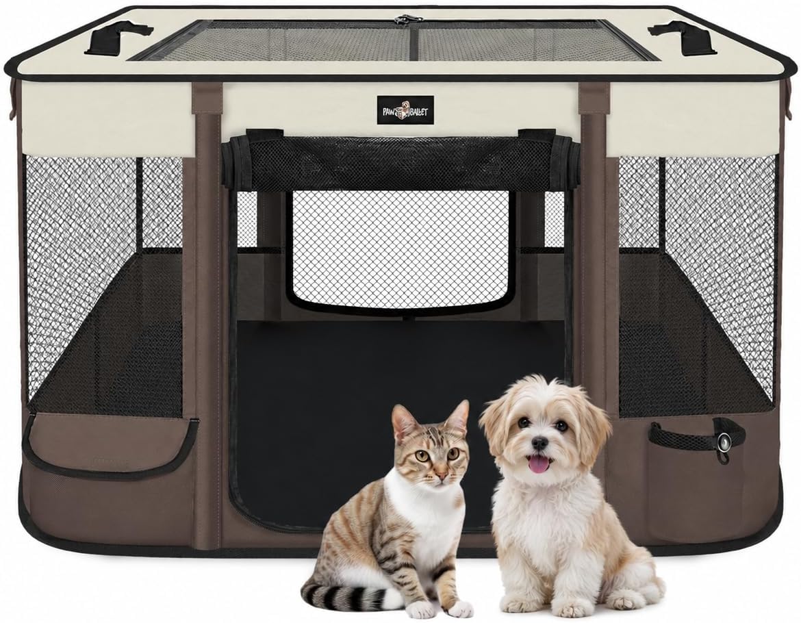 Foldable Pet Kitten Playpen - Brown 03 / Large(35.4''×27.5''×23.6'')