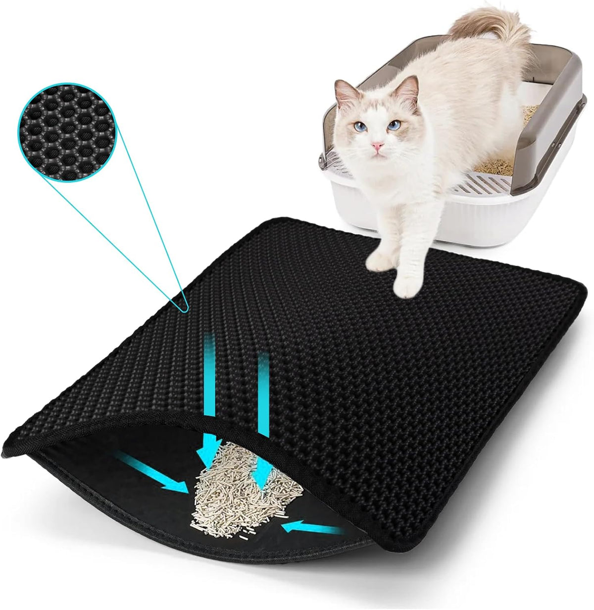 Cat Litter Mat 35"x24", Double Layer Waterproof Litterbox Mat - 26" x 46.5" / Black