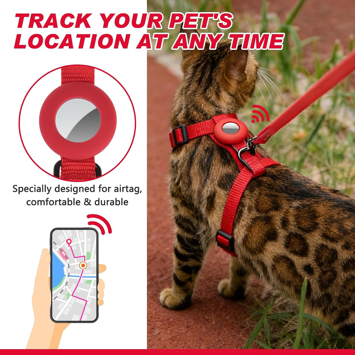 Cat Harness and Leash Set with Airtag Holder for Walking & Travelling - Red - image 2