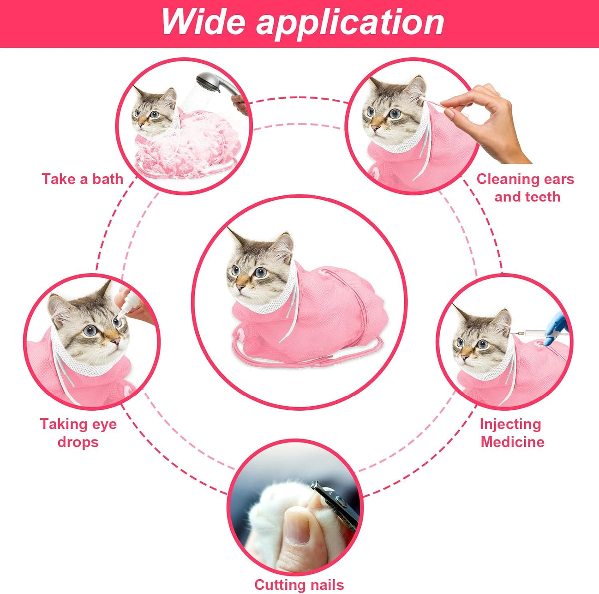 Cat Bathing Bag Anti Scratch Grooming Shower Washing Bag for Nail - White-Pink - image 4