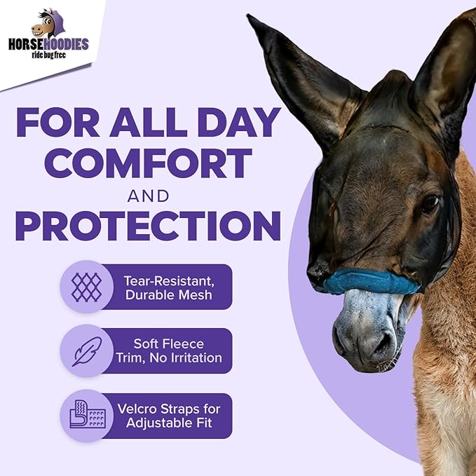 Donkey Fly Mask with Long Ears (Blue) Made in USA - Mule Fly Mask with Ears Protection from Insects and Bugs, Mini Donkey Soft Mesh Fabric with Adjustable Fastener, Face Cover Supplies for Donkeys