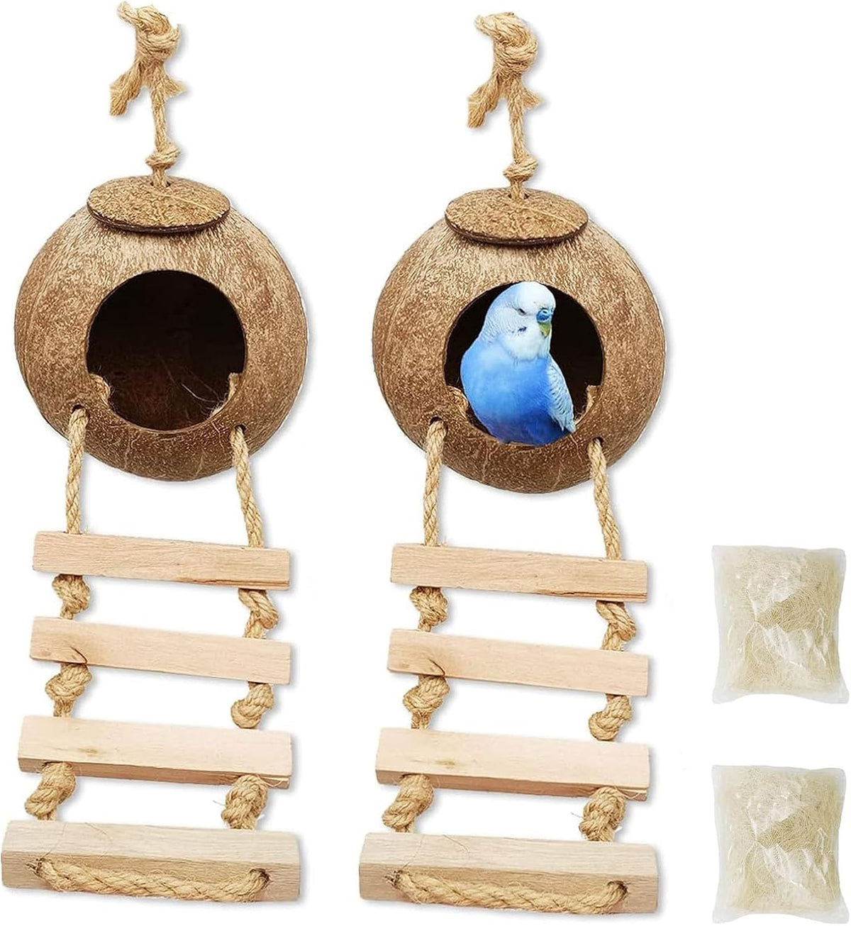 Natural Coconut Hide with Ladder Perches Hanging Bird House Toy - 2pcs Coconut Hide with Ladder Bird Cages