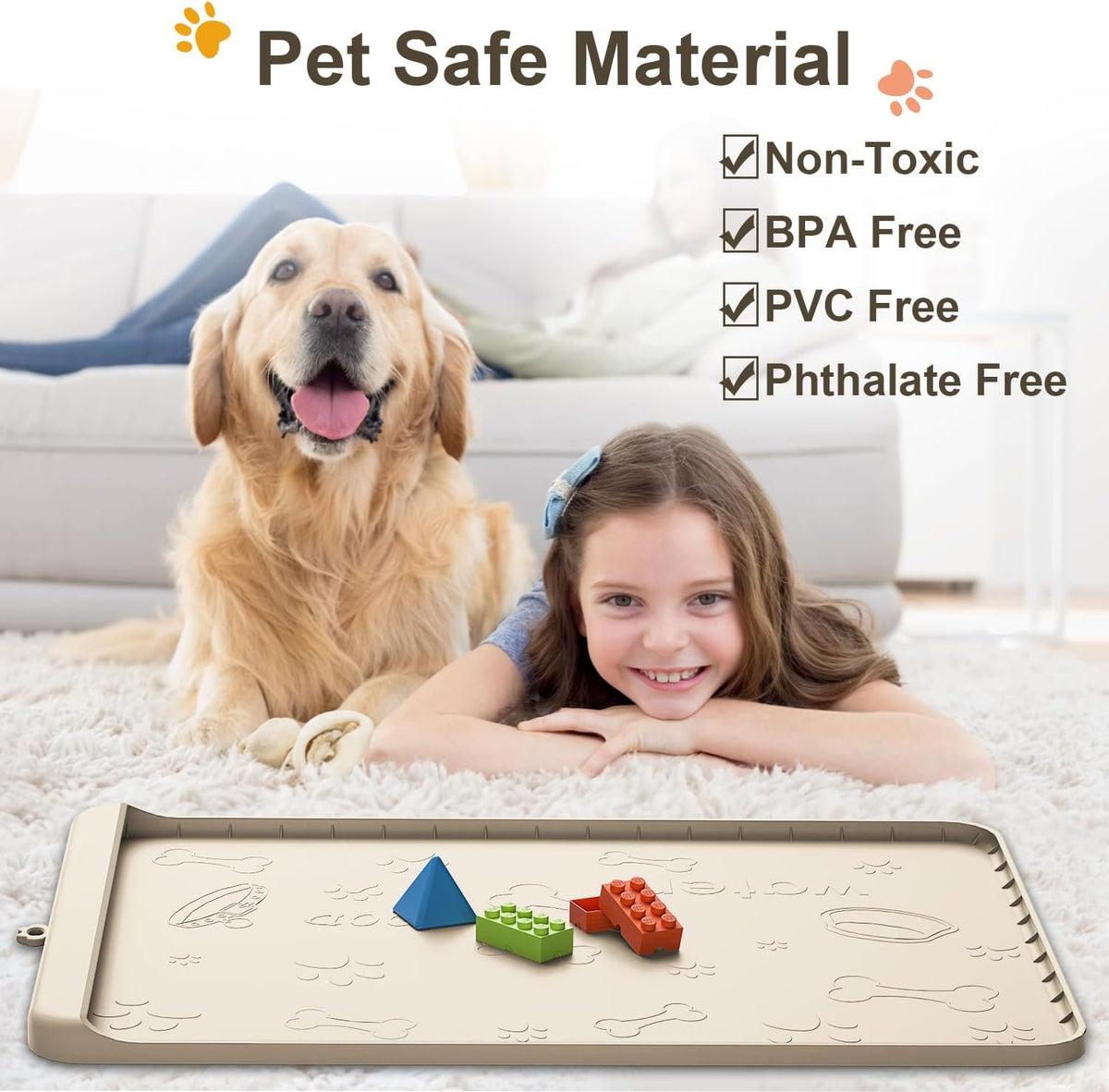 Dog Food Mat 36"x24" - Silicone Dog Mat for Food and Water Large Pet Feeding Mats with Residue - Sand / 36"L x 24"W - image 3