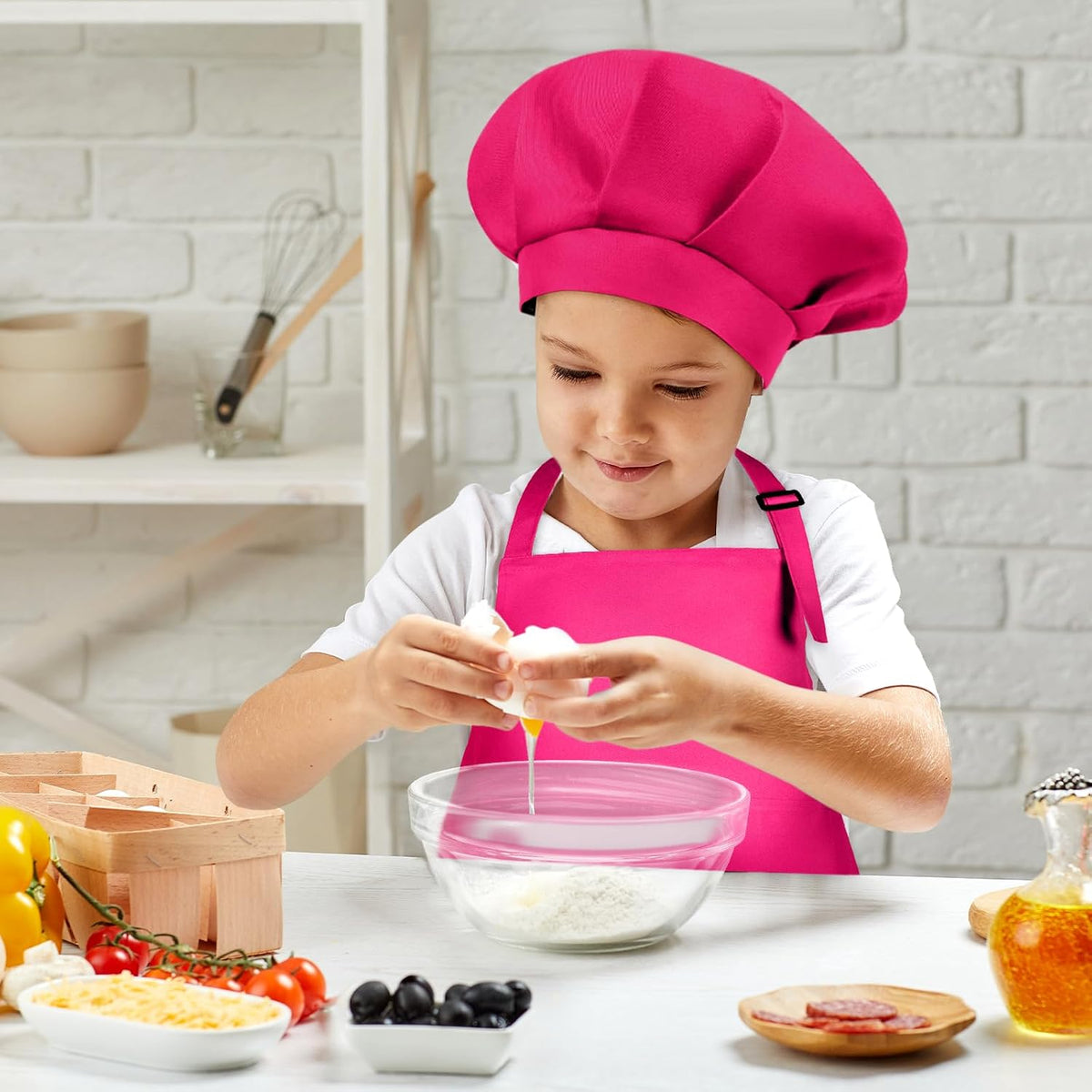 Kids Apron and Chef Hat Set Adjustable Child Art Aprons with 2 - K-rose Red / Large - image 4