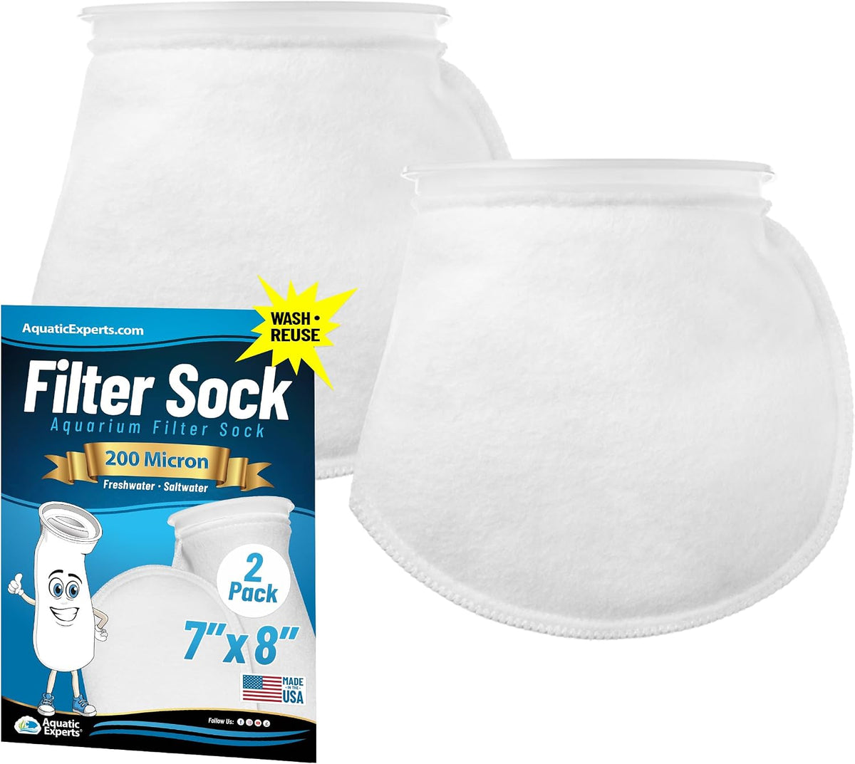 Aquatic Experts Felt Filter Socks - 200 Micron – 7" Ring – 7" x 8" / 2 Pack