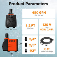 DOKO 800GPH Submersible Water Fountain Pump for Pond, Aquarium - 35W 480GPH - image 2
