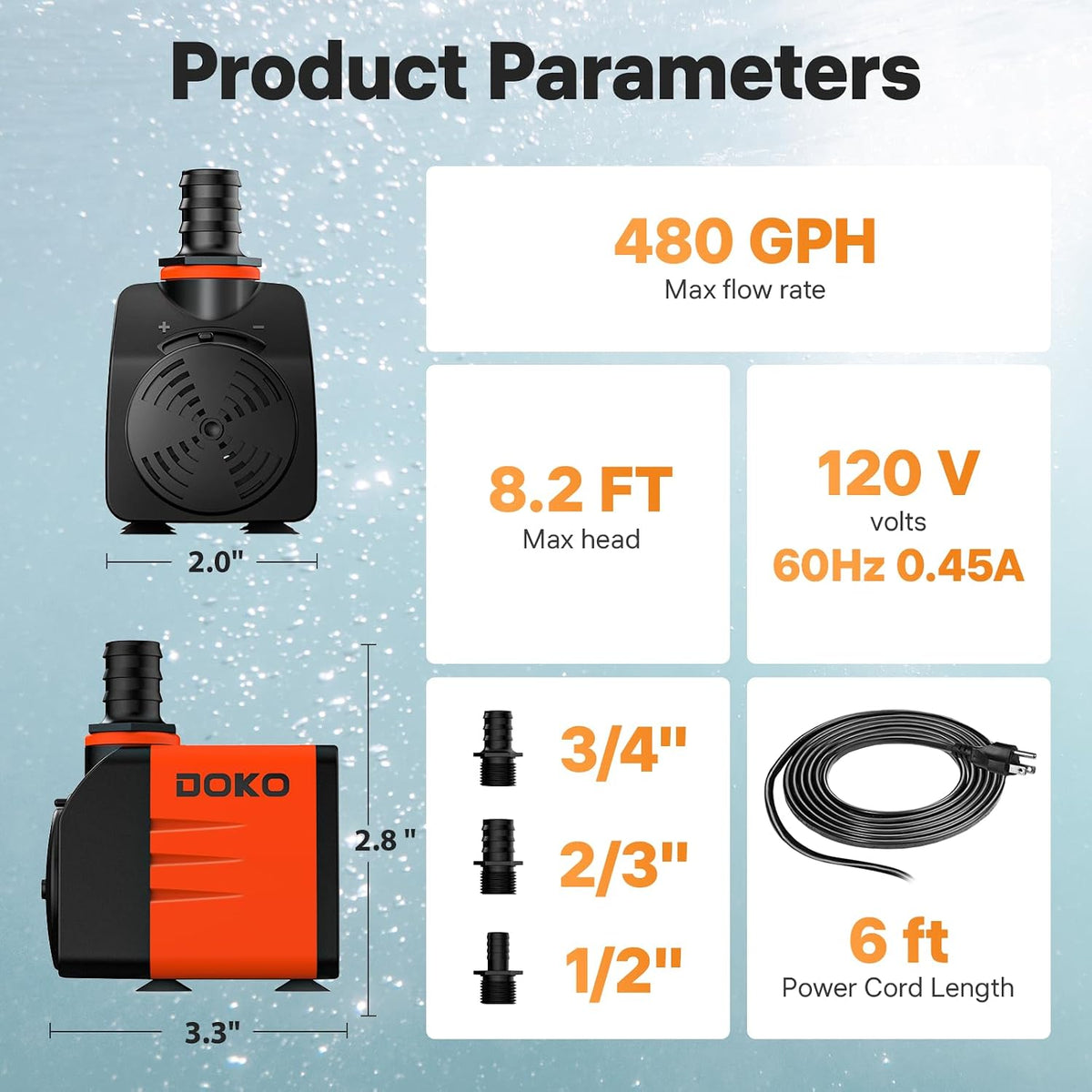 DOKO 800GPH Submersible Water Fountain Pump for Pond, Aquarium - 35W 480GPH - image 2