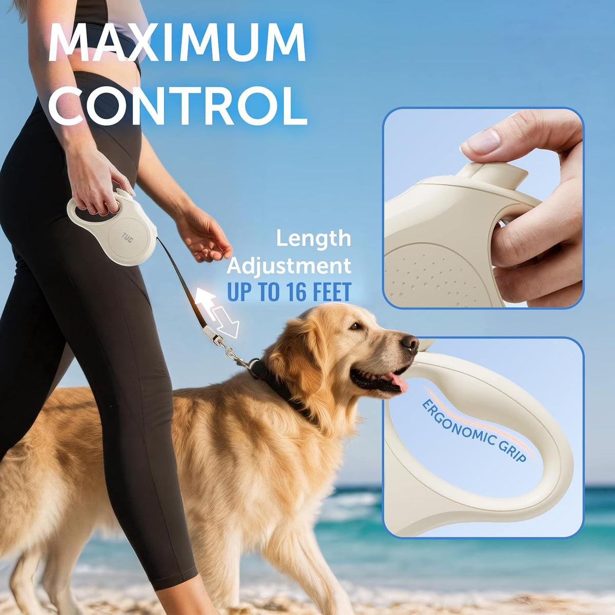 TUG Quest Retractable Dog Leash, 360° Tangle-Free - Cream / Medium - image 3