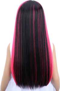 WAVELNM kids long straight black wig with hot pink highlights and bangs - view 40