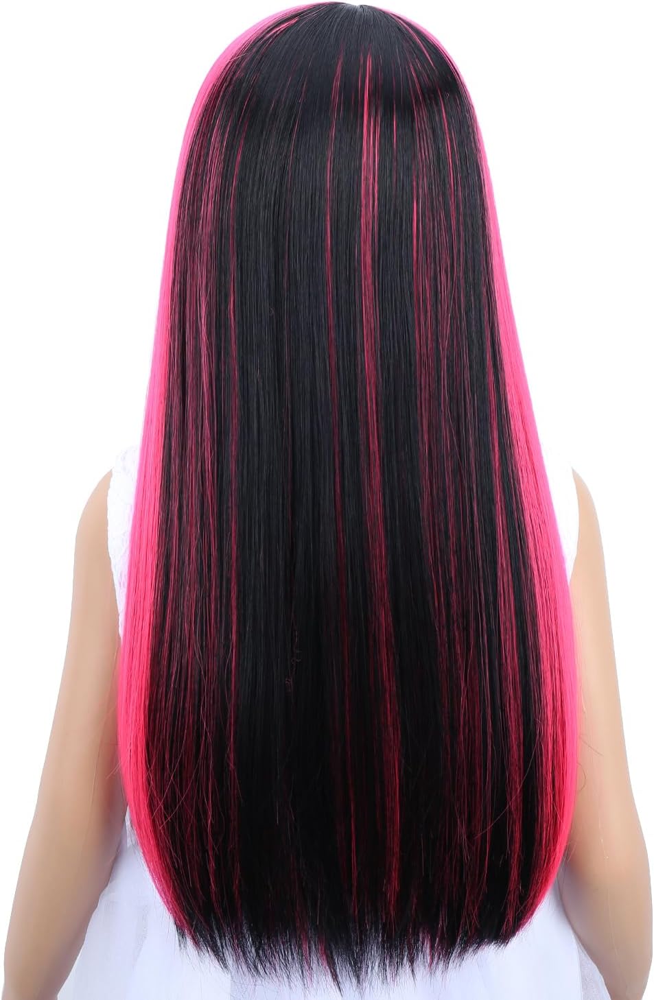 WAVELNM kids long straight black wig with hot pink highlights and bangs - view 40