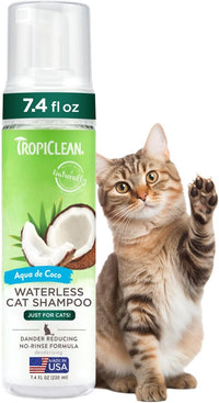 TropiClean No Rinse Waterless Cat Shampoo | Dandruff Treatment | Moisturizing Dry Shampoo for Dry Skin | USA Made | Aqua de Coco Scent | 7.4oz.