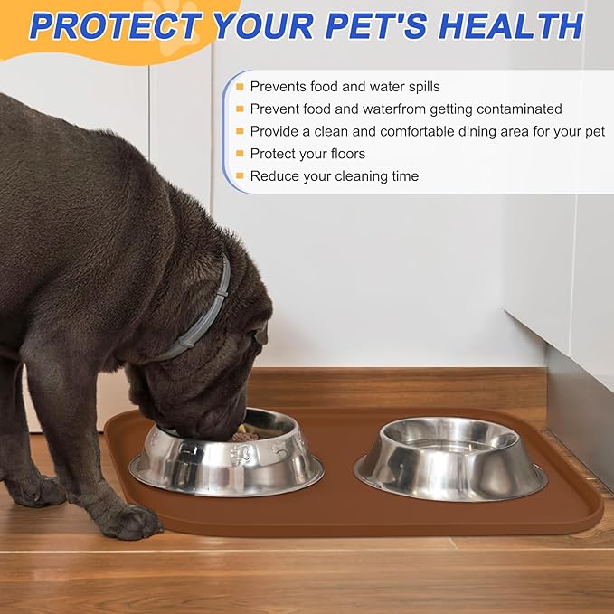 Silicone Pet Feeding Mat with Raised Edge for Food and Water, Dog Bowl Mats, Cat Bowls Placemat with High Lip for Floor Waterproof, Rubber Tray for Cats and Dogs 19 x 12 x0.7 Brown