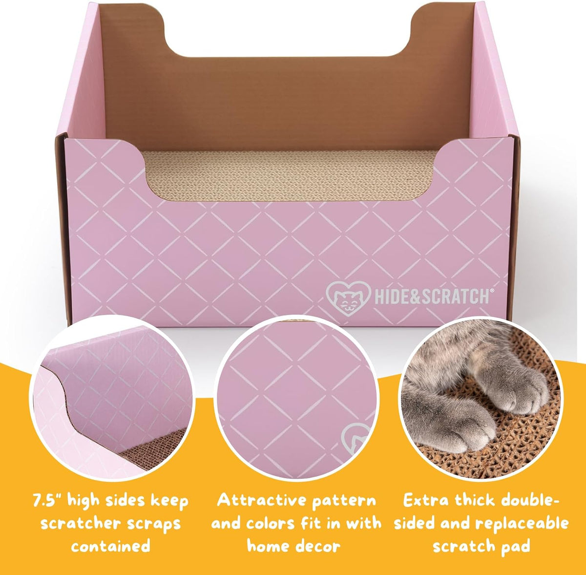 Hide & Scratch Cardboard Cat Scratcher Box & Bed Dark Grey Diamond Pad – Essentials for Cats - Light Pink Diamond - image 3