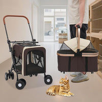 2-Layers Pet Stroller for 2 Cats/Dogs,Foldable Lightweight 77lbs Capacity Carrier, 4 Wheels, Removable Basket & Storage Pocket,for Small Pets (Coffee)